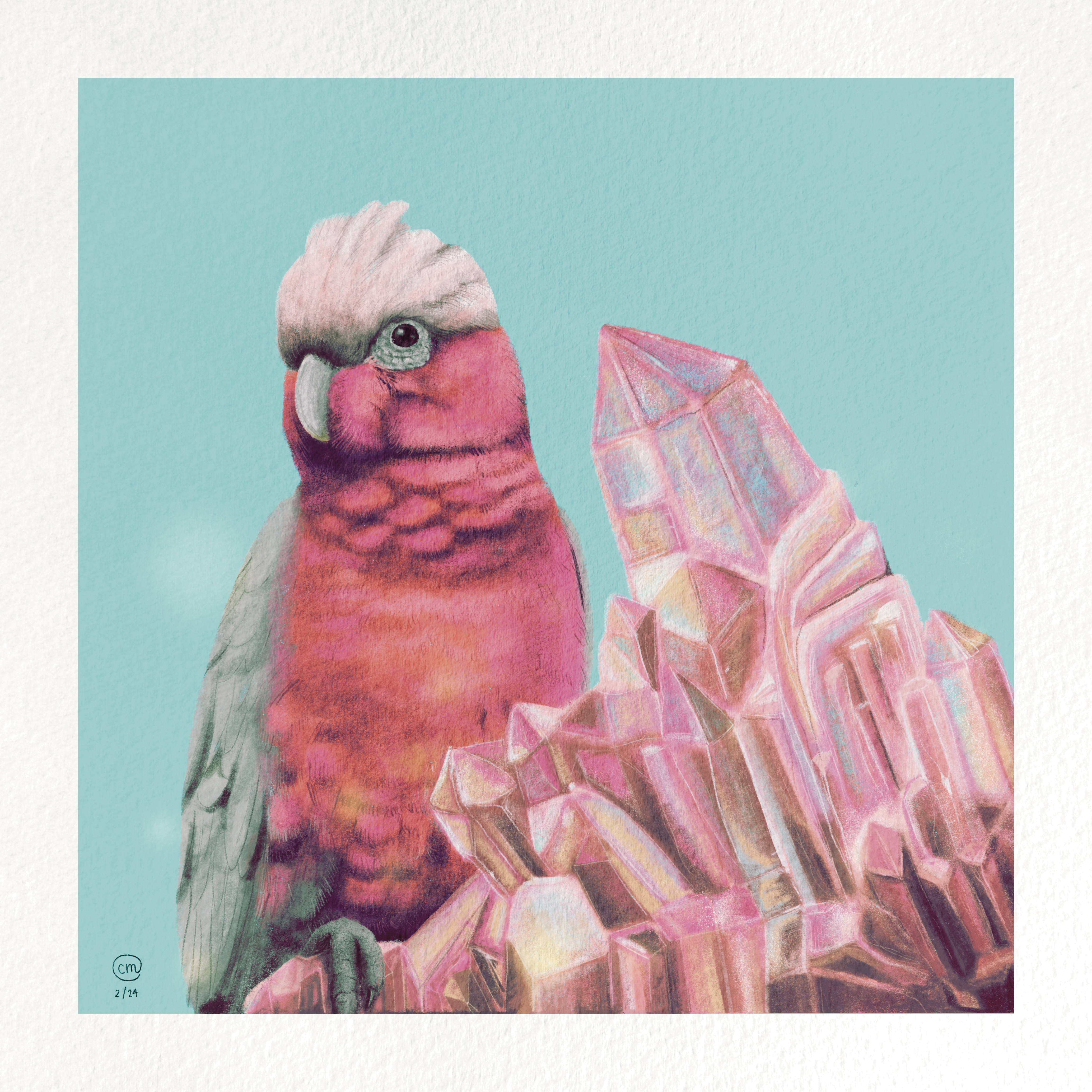 Digital painting of a bird and a crystal.