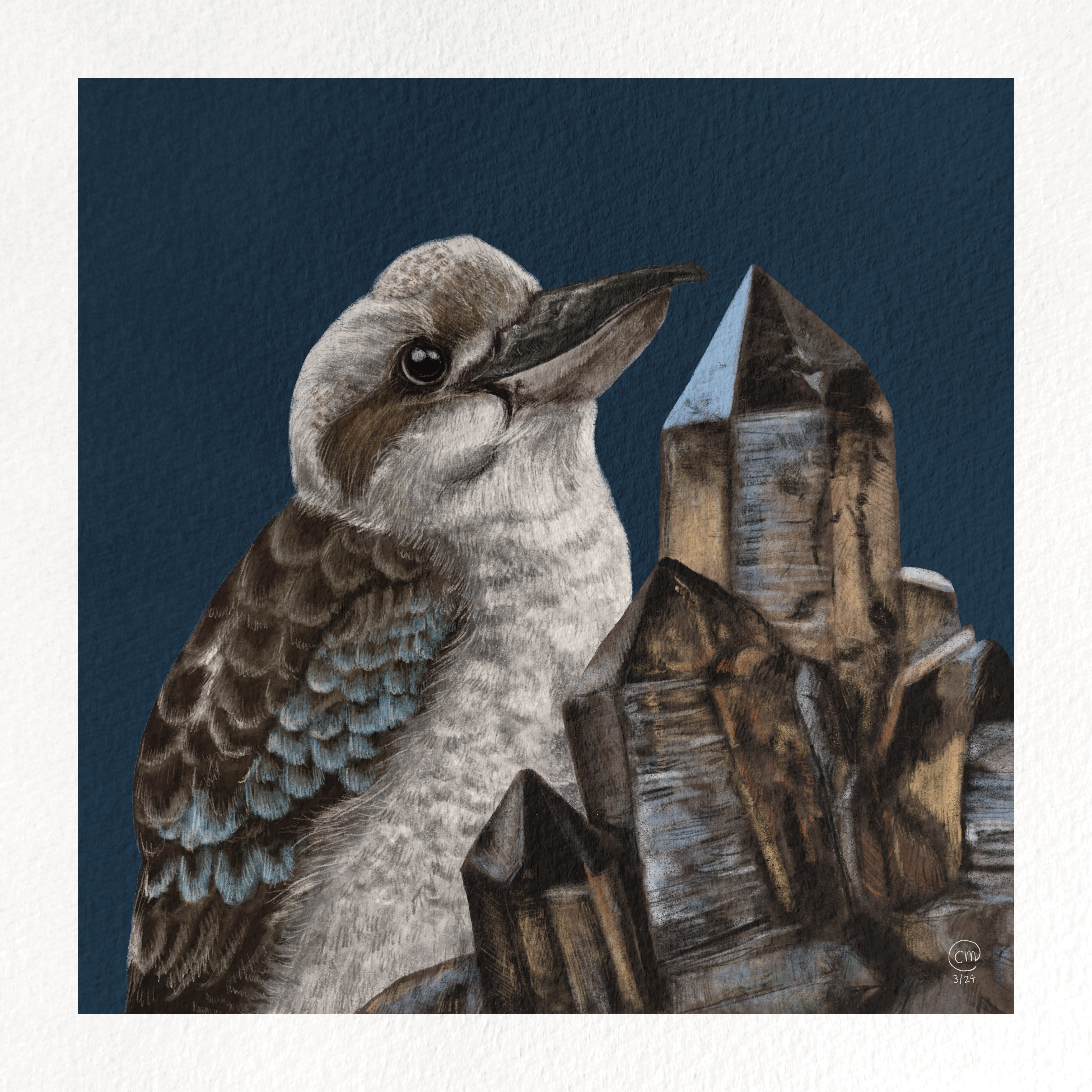 Digital painting of a bird and a crystal.