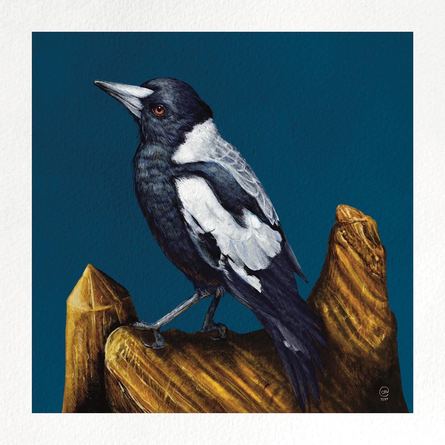Digital painting of a bird and a crystal.