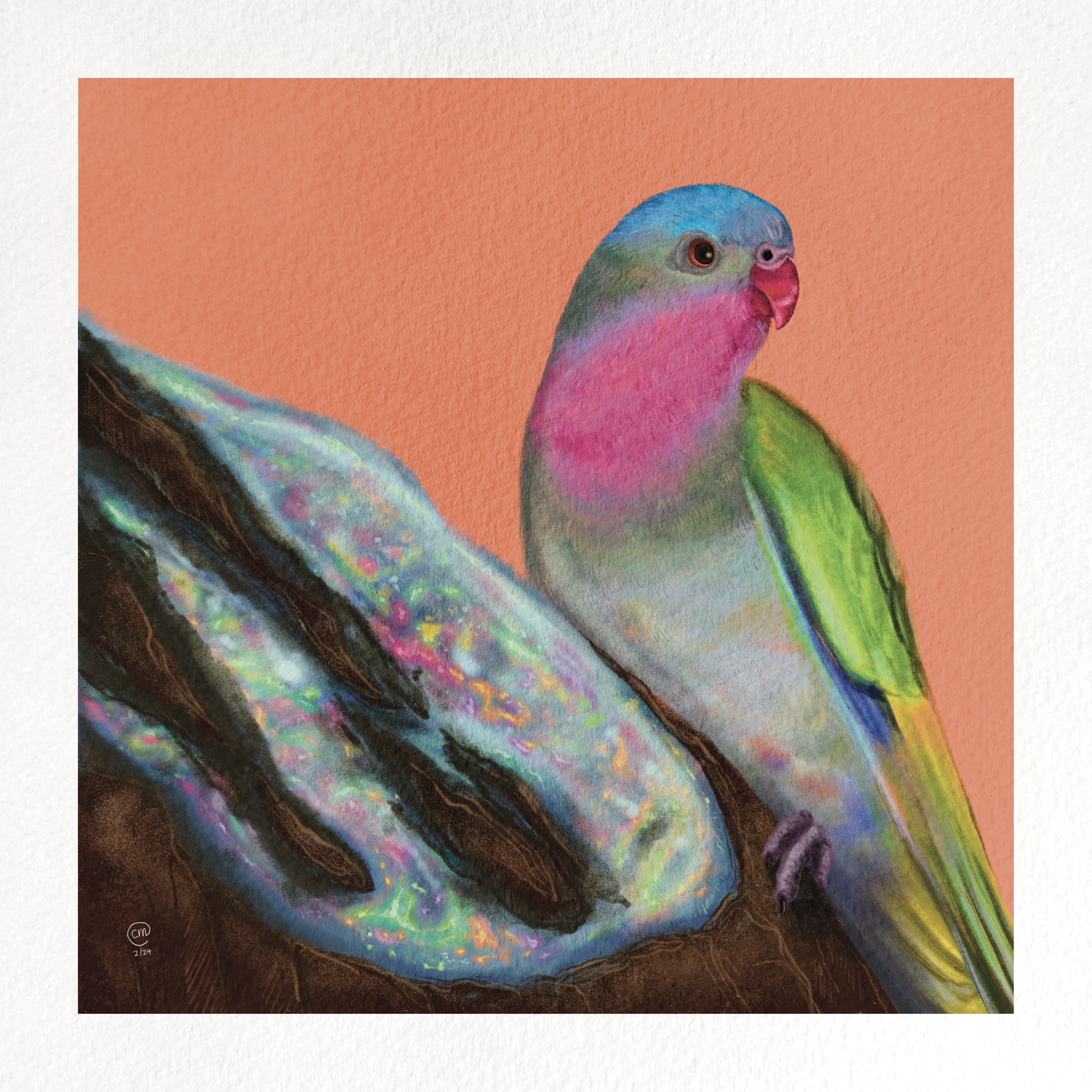 Digital painting of a bird and a crystal.