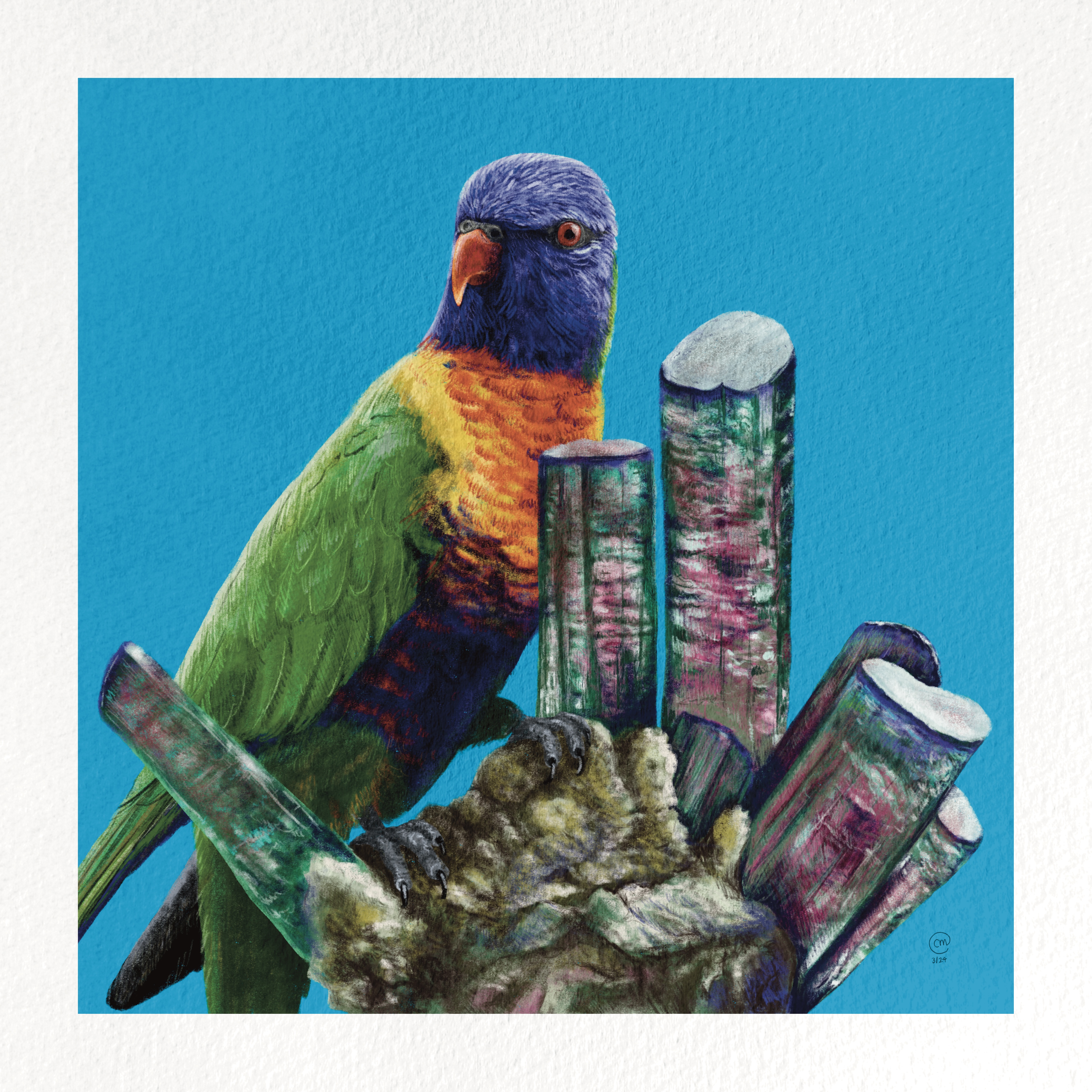 A painting of a bird with a crystal
